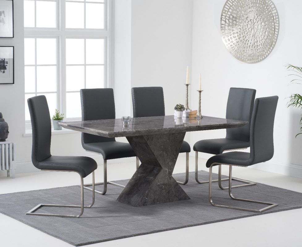 Aaron 160cm Grey Marble Dining Table With 4 Black Austin Dining Chairs