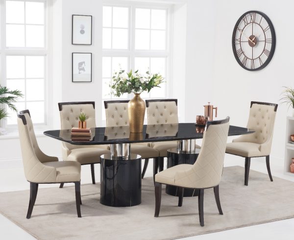 Antonio 180cm Black Marble Dining Table With 8 Cream Francesca Chairs