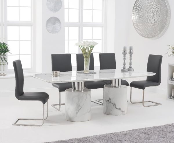 Antonio 180cm White Marble Table With 6 Grey Austin Chairs