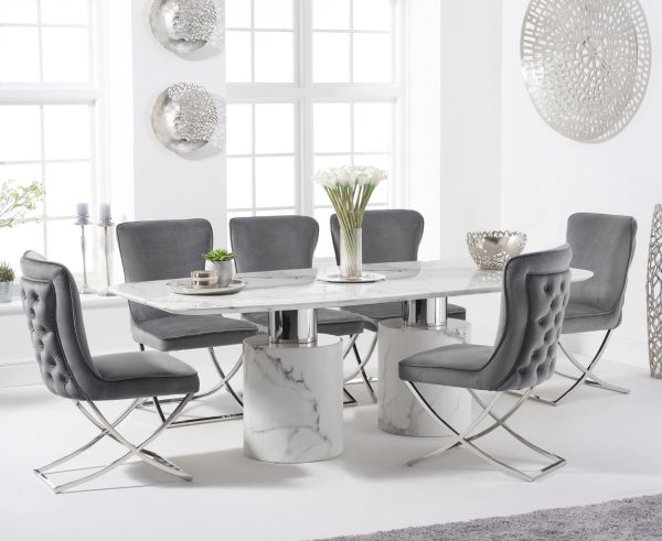 Antonio 180cm White Marble Table With 6 Grey Lorenzo Chairs