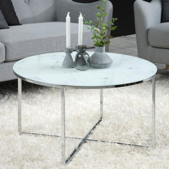 Arcata White Marble Glass Coffee Table Round With Chrome Frame