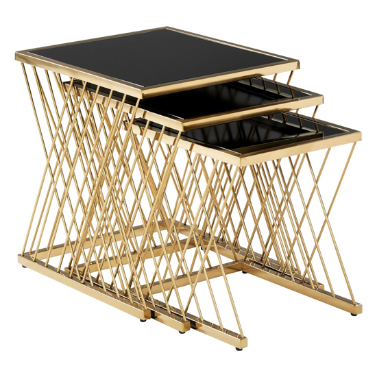 Arezza Black Glass Top Nest Of 3 Tables With Gold Steel Frame Arezza Black Glass Top Nest Of 3 Tables With Gold Steel Frame