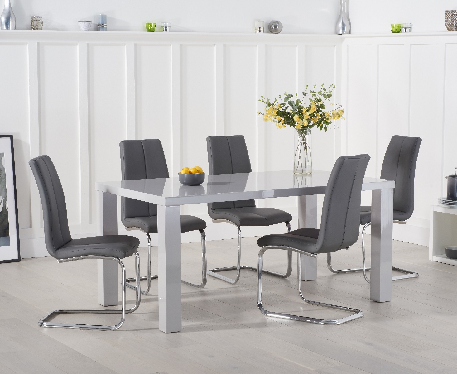 Atlanta 160cm Light Grey High Gloss Dining Table With 4 Grey Gianni Chairs Atlanta 160cm Light Grey High Gloss Dining Table With 4 Grey Gianni Chairs