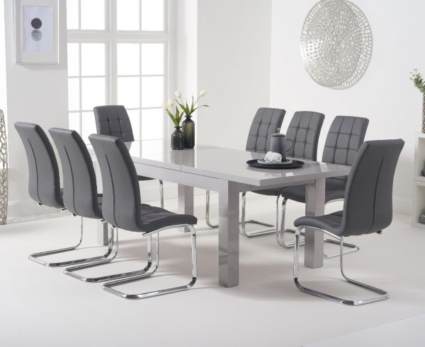 Atlanta Light Grey Gloss 160-220cm Extending Dining Table With 6 Black Vigo Chairs
