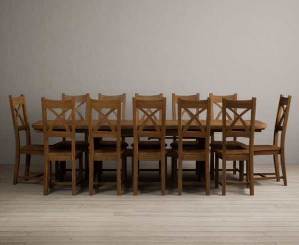 Atlas 180cm Rustic Solid Oak Extending Dining Table With 12 Rustic Rustic Solid Oak X Back Chairs with Rustic Seats