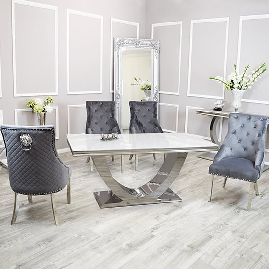 Avon White Glass Dining Table With 6 Benton Dark Grey Chairs Avon White Glass Dining Table With 6 Benton Dark Grey Chairs