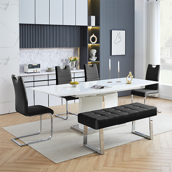 Belmonte White Dining Table Large 4 Petra Black Chairs Bench Belmonte White Dining Table Large 4 Petra Black Chairs Bench