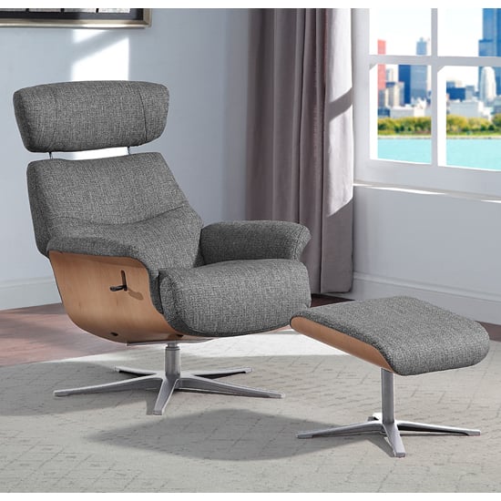 Biella Fabric Swivel Recliner Chair And Stool In Lead
