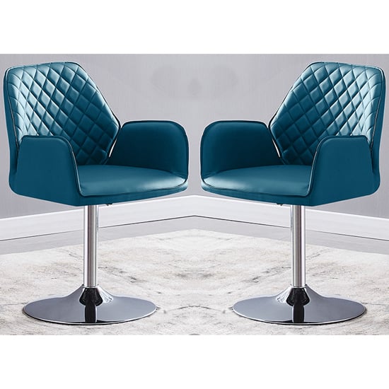 Bucketeer Swivel Teal Faux Leather Dining Chairs In Pair