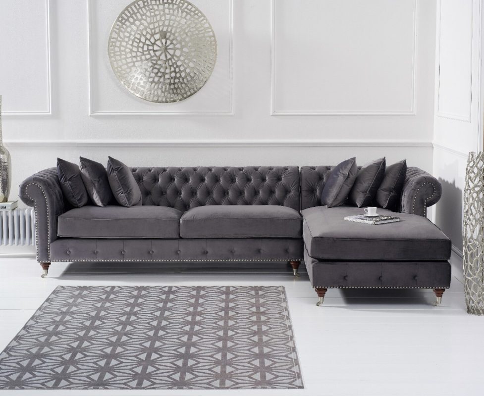 Chiswick Extra Large Dark Grey Velvet Right Facing Chesterfield Corner Chaise Sofa