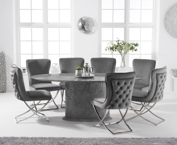 Colby 200cm Oval Grey Marble Dining Table With 6 Grey Lorenzo Velvet Chairs
