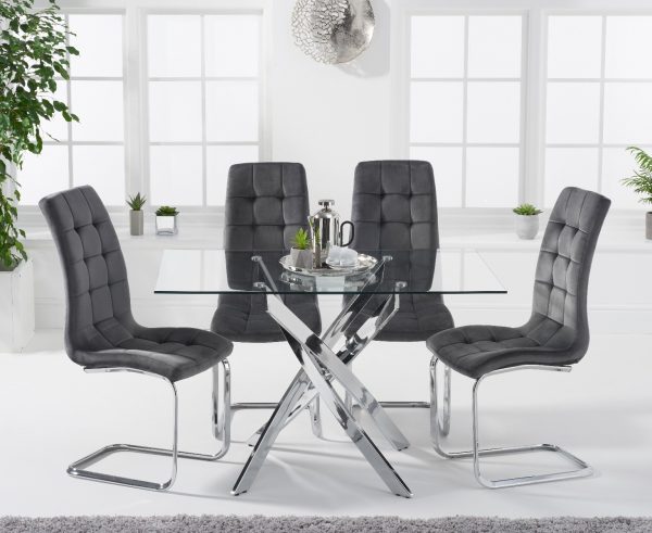 Denver 120cm Rectangular Glass Dining Table With 6 Grey Vigo Velvet Chairs