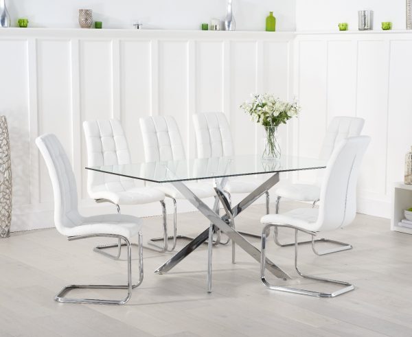 Denver 160cm Glass Dining Table With 8 White Vigo Chairs