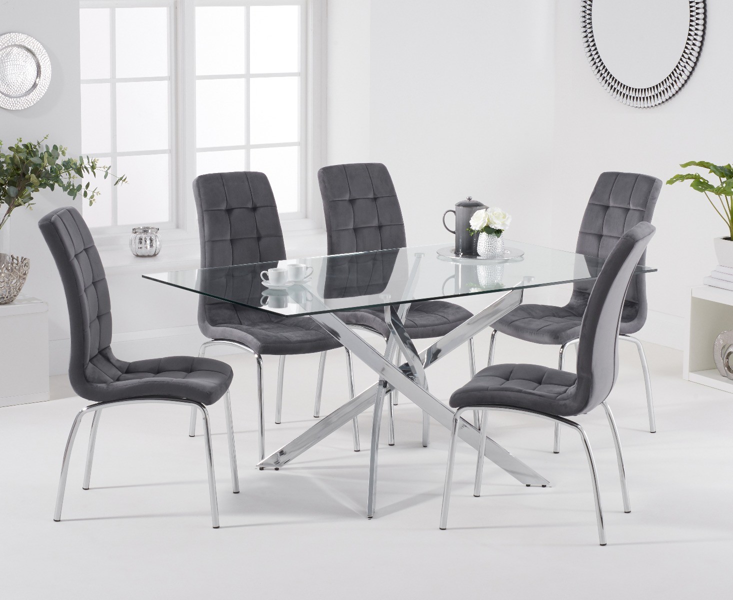 Denver 160cm Rectangular Glass Dining Table With 4 Grey Enzo Velvet Chairs Denver 160cm Rectangular Glass Dining Table With 4 Grey Enzo Velvet Chairs