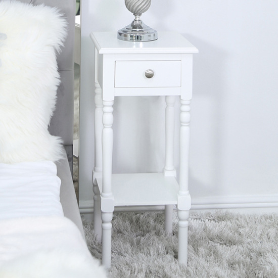 Denver Pine Wood End Table With 1 Drawer In White Denver Pine Wood End Table With 1 Drawer In White