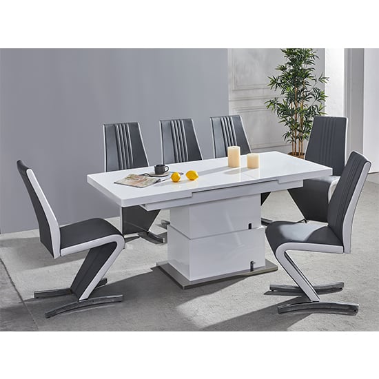 Elgin Convertible White Gloss Dining Table 6 Gia Grey Chairs Elgin Convertible White Gloss Dining Table 6 Gia Grey Chairs