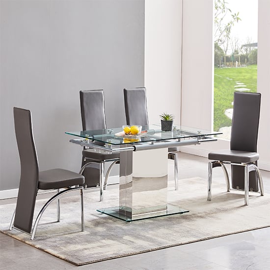 Enke Extending Glass Dining Table With 4 Romeo Grey Chairs Enke Extending Glass Dining Table With 4 Romeo Grey Chairs