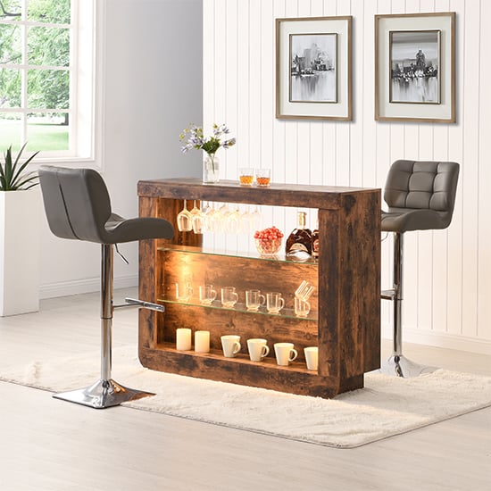 Fiesta Smoked Oak Bar Table Unit With 2 Candid Grey Stools