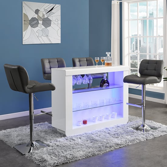 Fiesta White High Gloss Bar Table With 4 Candid Grey Stools Fiesta White High Gloss Bar Table With 4 Candid Grey Stools