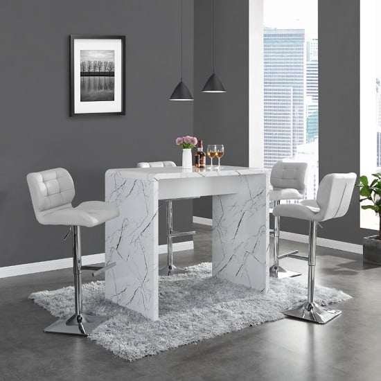 Glacier Vida Marble Effect Gloss Bar Table 4 Candid Grey Stools