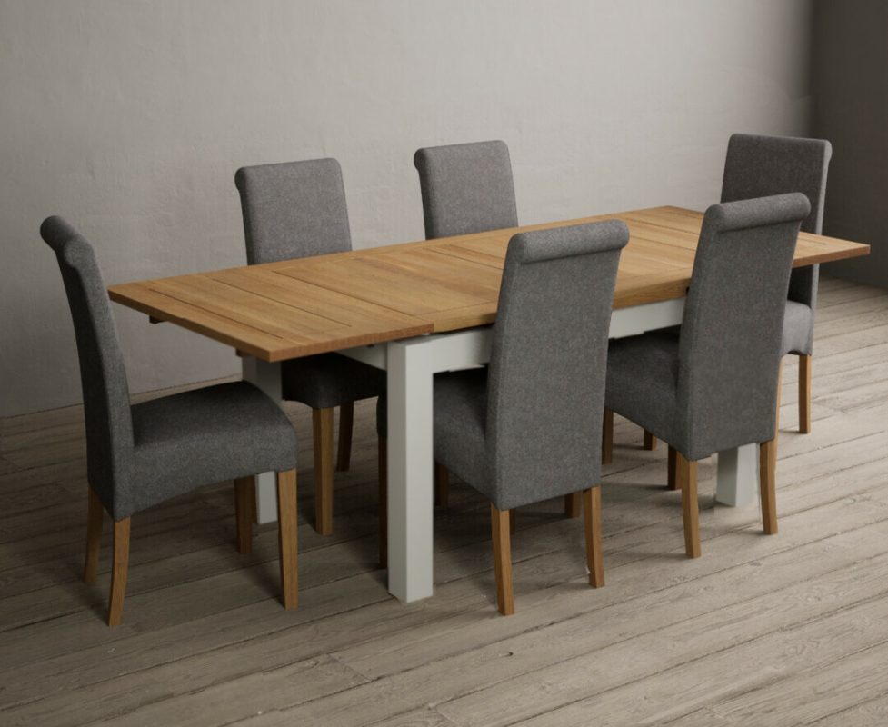 Hampshire 140cm Oak and Chalk White Extending Dining Table With 8 Natural Scroll Back Braced Chairs
