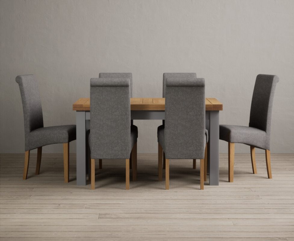 Hampshire 140cm Oak and Light Grey Extending Dining Table With 8 Natural Scroll Back Chairs