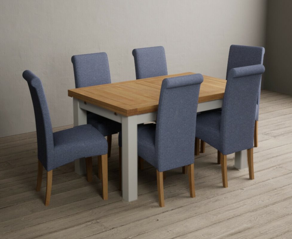 Hampshire 140cm Oak and Soft White Extending Dining Table With 6 Natural Scroll Back Chairs