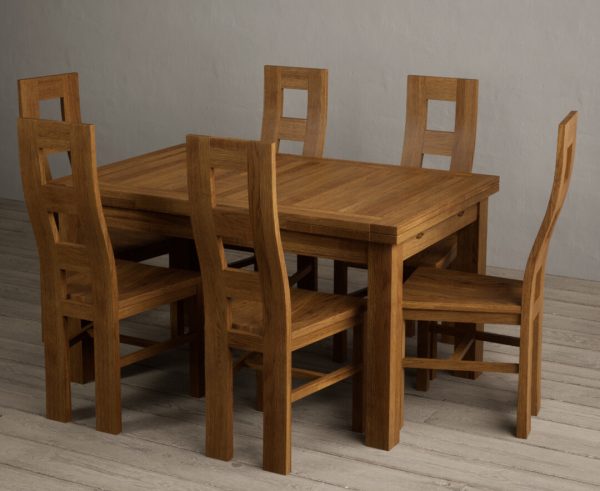 Hampshire 140cm Rustic Solid Oak Extending Dining Table With 6 Rustic Rustic Solid Oak Flow Back Chairs with Rustic Seats