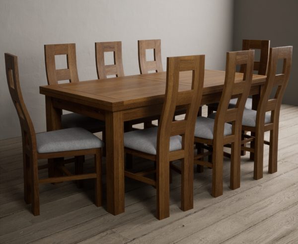Hampshire 180cm Rustic Solid Oak Extending Dining Table With 10 Light Grey Rustic Solid Oak Flow Back Chairs