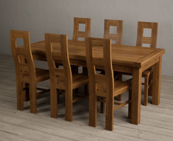 Hampshire 180cm Rustic Solid Oak Extending Dining Table With 8 Rustic Rustic Solid Oak Flow Back Chairs with Rustic Seats