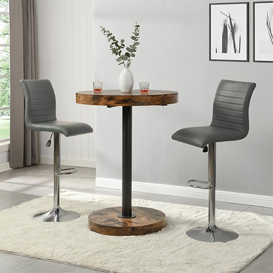 Havana Smoked Oak Wooden Bar Table With 2 Ripple Grey Stools