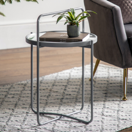 Hawley Round Glass Side Table With Metal Frame In Grey Hawley Round Glass Side Table With Metal Frame In Grey