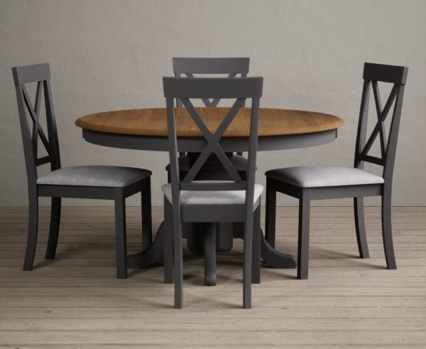Hertford 120cm Oak and Charcoal Grey Painted Round Pedestal Table With 4 Linen Hertford Chairs