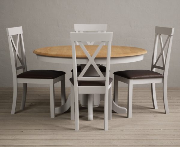 Hertford 120cm Oak and Soft White Painted Round Pedestal Table With 4 Linen Hertford Chairs