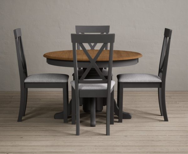 Hertford Oak and Charcoal Grey Painted Pedestal Extending Dining Table With 4 Linen Hertford Chairs