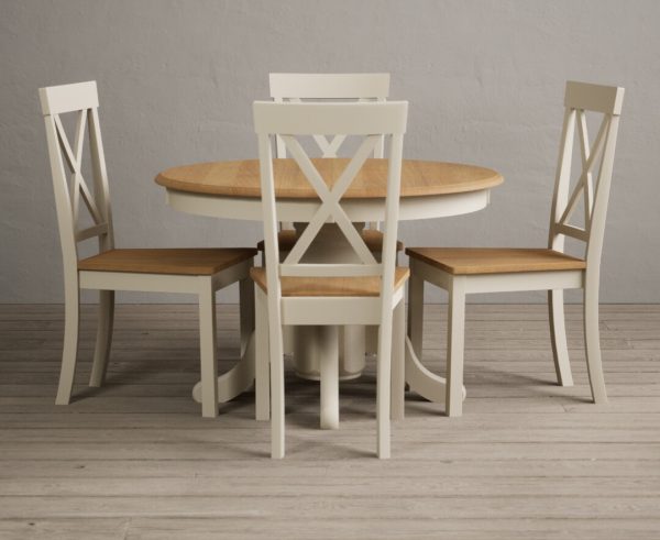 Hertford Oak and Cream Painted Pedestal Extending Dining Table With 4 Linen Hertford Chairs