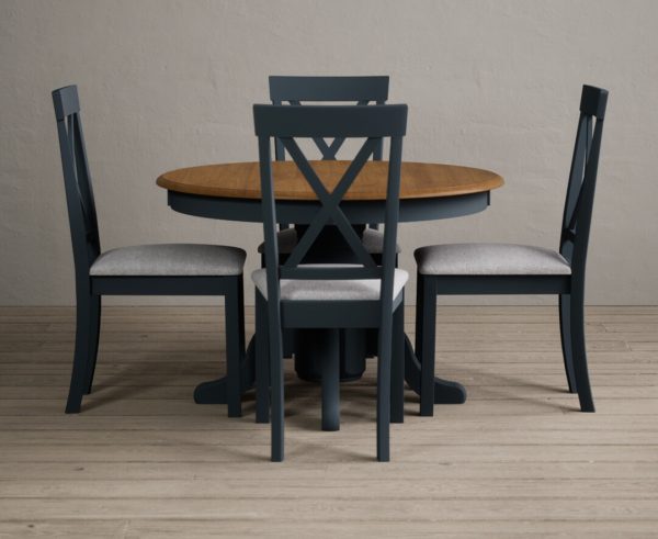 Hertford Oak and Dark Blue Painted Pedestal Extending Dining Table With 4 Linen Hertford Chairs