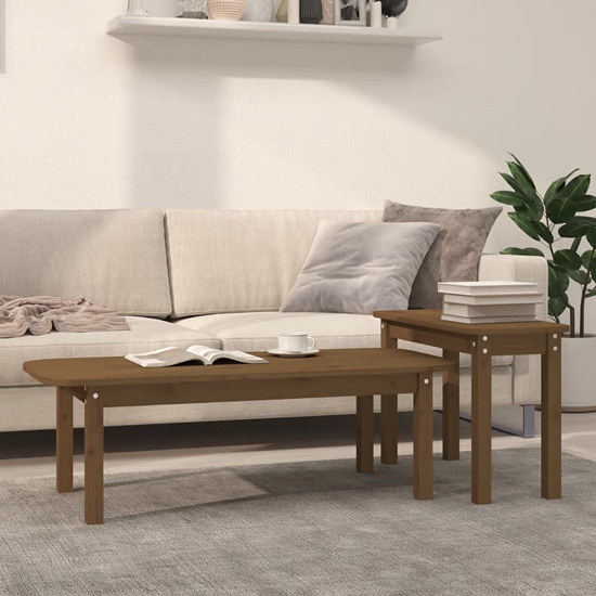 Karis Solid Pine Wood Set Of 2 Coffee Tables In Honey Brown Karis Solid Pine Wood Set Of 2 Coffee Tables In Honey Brown