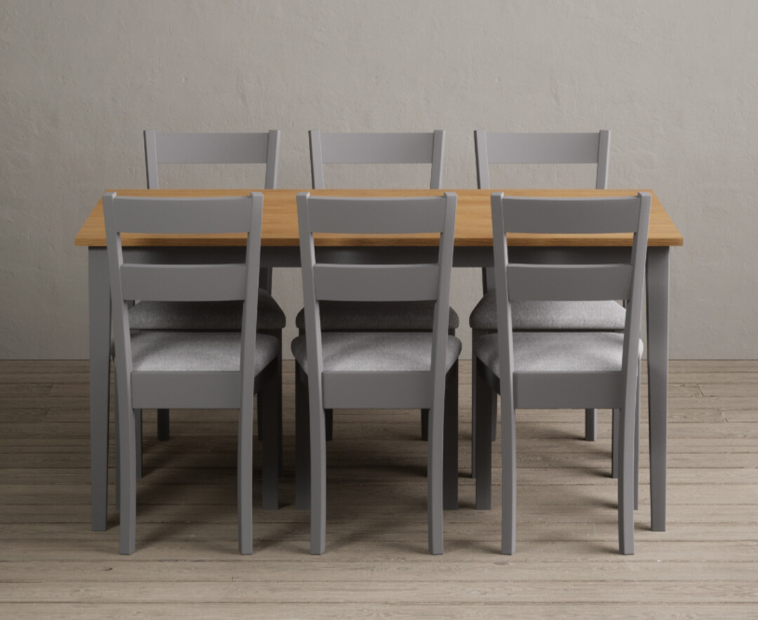 Kendal 150cm Solid Oak and Light Grey Painted Dining Table with 8 Linen Kendal Chairs Kendal 150cm Solid Oak and Light Grey Painted Dining Table with 8 Linen Kendal Chairs