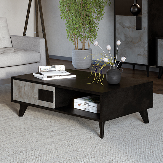 Laax Wooden Coffee Table With 1 Drawer In Matt Black And Oxide Laax Wooden Coffee Table With 1 Drawer In Matt Black And Oxide