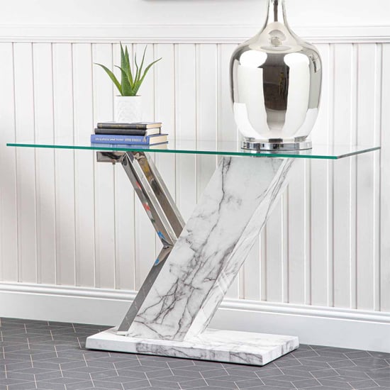Lisle Glass Console Table With White Marble Effect Wooden Frame Lisle Glass Console Table With White Marble Effect Wooden Frame