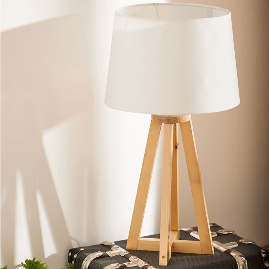 Medan White Fabric Shade Table Lamp With Wooden Base