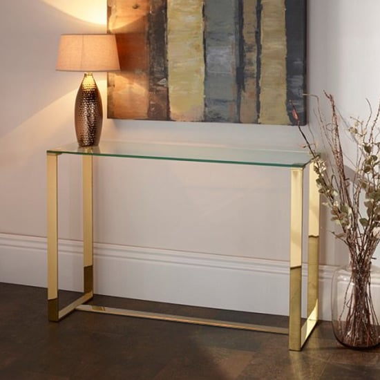 Megan Clear Glass Rectangular Console Table With Gold Legs Megan Clear Glass Rectangular Console Table With Gold Legs