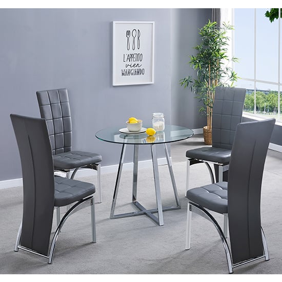 Melito Round Glass Dining Table With 4 Ravenna Grey Chairs Melito Round Glass Dining Table With 4 Ravenna Grey Chairs