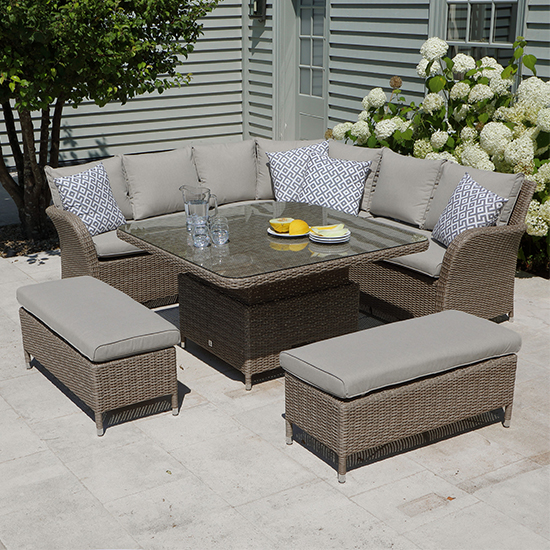 Meltan Large Dining Set In With Adjustable Table In Sand