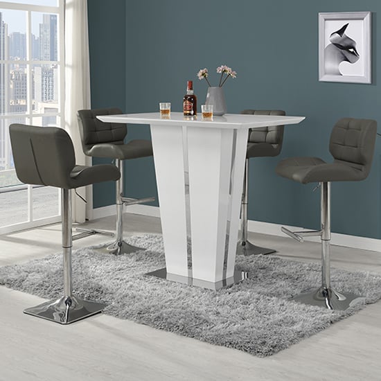 Memphis Glass White High Gloss Bar Table 4 Candid White Stools
