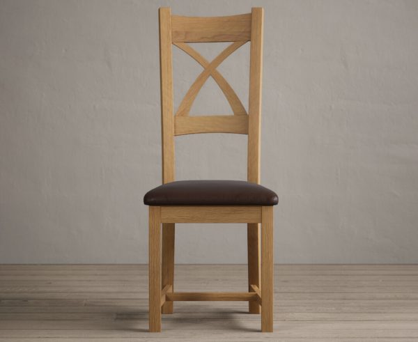 Natural Solid Oak X Back Dining Chairs with Chocolate Brown Fabric Seat Pad