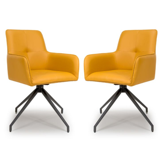 Novato Swivel Ochre Faux Leather Dining Chairs In Pair