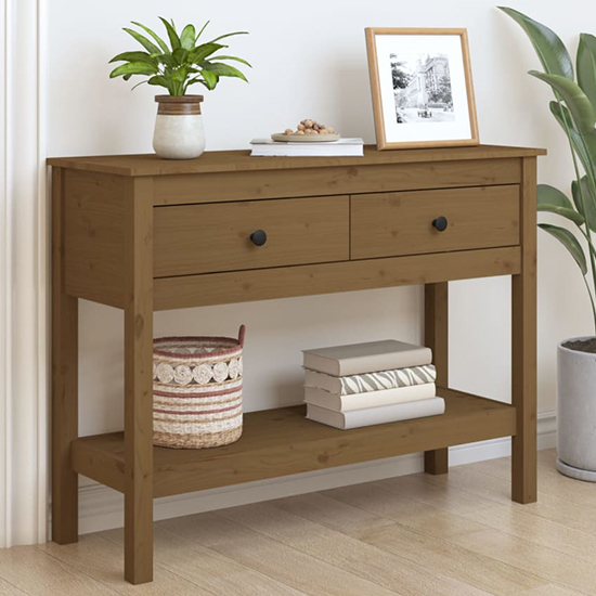 Orsin Pine Wood Console Table With 2 Drawers In Honey Brown Orsin Pine Wood Console Table With 2 Drawers In Honey Brown