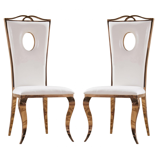 Palila White PU Dining Chairs With Rose Gold Legs In Pair